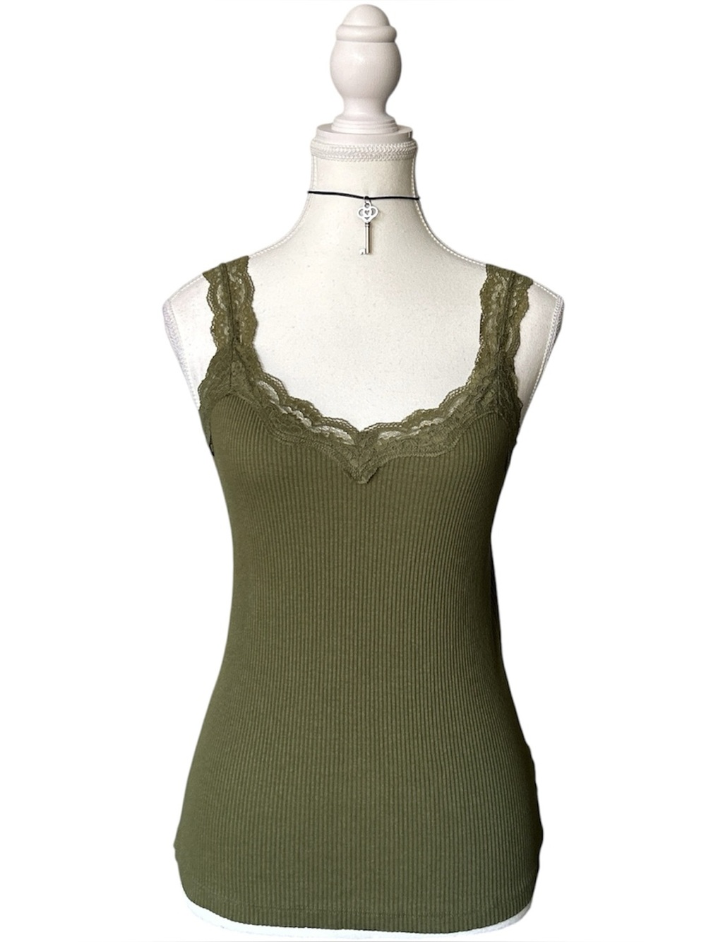 Y2K Coquette “Cleo” Basic Olive Green Lace Trim Ribbed Cami Tank Top